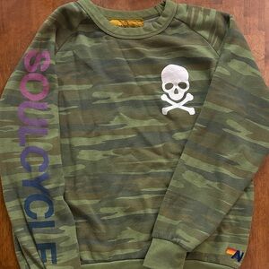 Aviator Nation Green Camo Sweatshirt with Skull and Rainbow Lettering